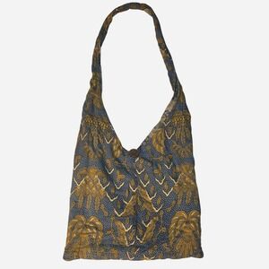 Handmade Batik Cotton Boho Shoulder Bag Blue Gold Palm Tree Bird Indonesia